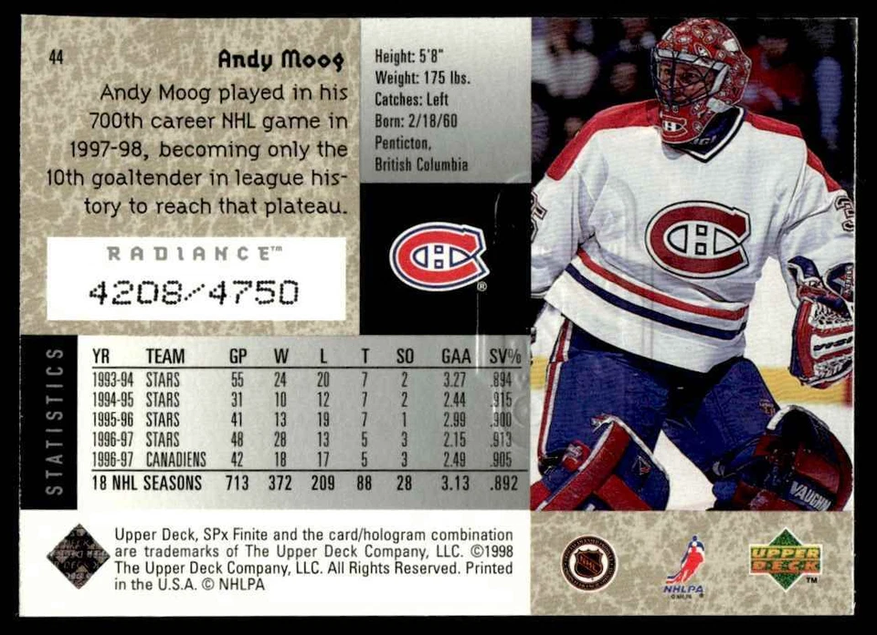 1998-99 SPx Finite Radiance Andy Moog /4750 Montreal Canadiens #44 - Image 2 of 2