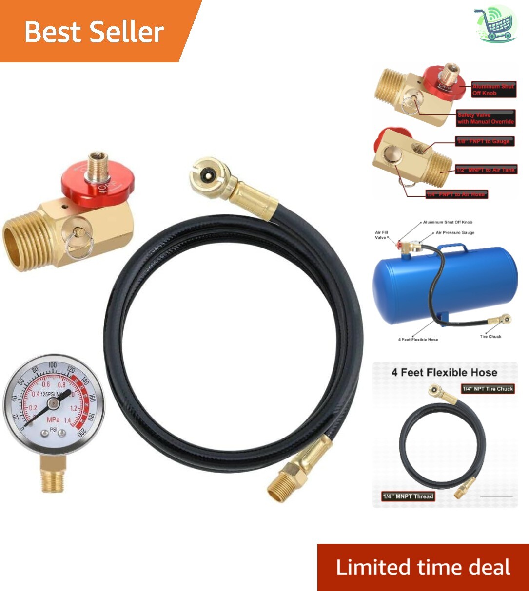 Air Tank Hose Assembly Kit with Safety Valve - 300 PSI Pressure Gauge Included