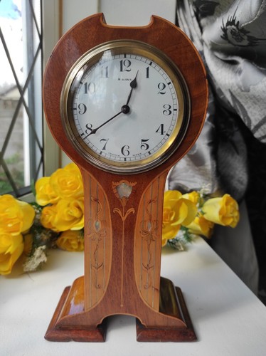 STUNNING ANTIQUE FRENCH MOTHER OF PEARL INLAY ART NOUVEAU MANTEL CLOCK c1910