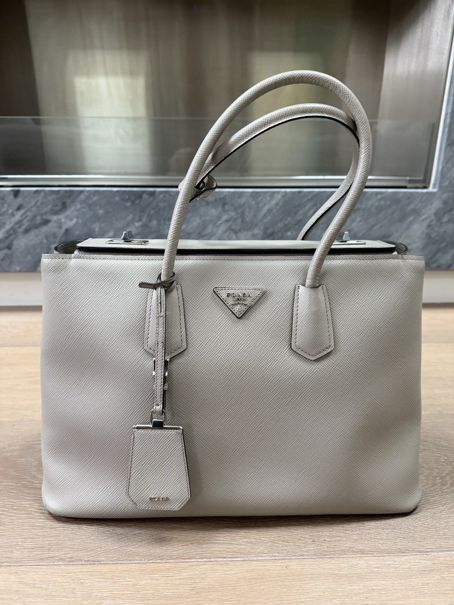 Prada Saffiano Cuir Leather Twin Tote Bag in Grey Large UK