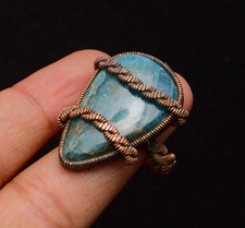 Neon Apatite Gemstone Copper Wire Wrapped Handmade Jewelry Ring Size 9