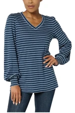 Belle by Kim Gravel Women's Slub Knit Pinstripe V Neck Top Indigo