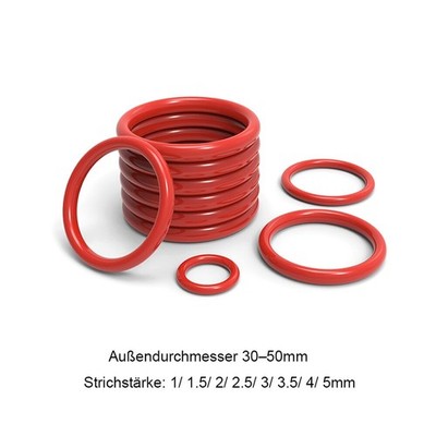 Rot Silikon O-Ringe Dichtringe Durchmesser 30mm-50mm Schnurstärke 1/2/3/4/5mm