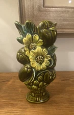 Majolica Vase 8" Green Ceramic w/Yellow Sunflowers & Fruit -Japan