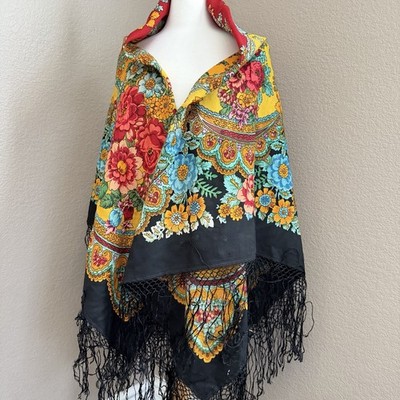 Vintage Large Russian Pavlovo Posad Wool Shawl Floral Fringe 57x57