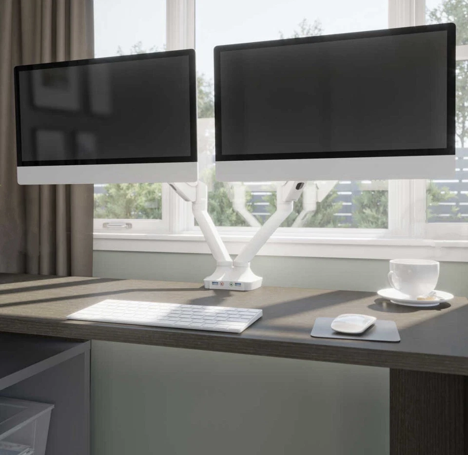 Bestar Universel Dual Monitor Arm with Pistons - White - AK-MA01D-17 NIB - Image 3 of 4