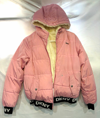 DKNY Girls 8-10 Reversible Hooded Puffer Jacket Pink/White Full Zip Pockets