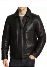 Men's Black Genuine Leather Jacket Winter Bomber Coat Classic Zip Up Outerwear