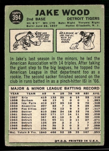 1967 Topps #394 Jake Wood (Scuffs On Front) - Picture 2 of 2