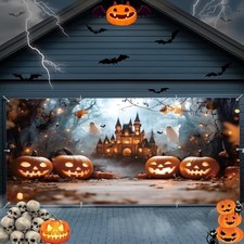 Halloween Garage Door Cover Decorations Scary Night Castle Pumpkin Lamp 7x16ft