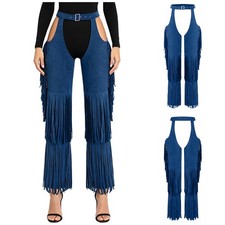 Womens Cowgirl Rave Trousers Performance Cowboy Chaps Motorcycle Pants Fringe