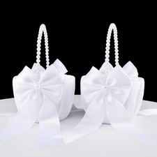 Wedding Flower Girl Basket Pearl Handle Cute White Ceremony Party Decor 2 PCS