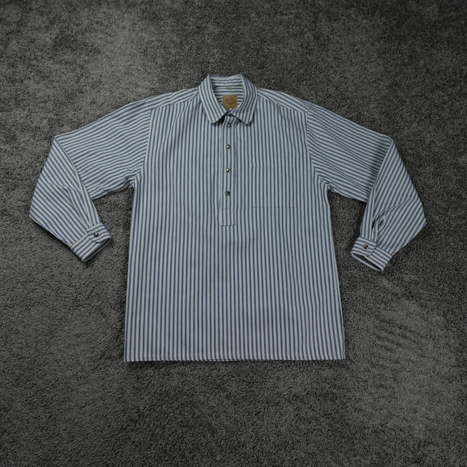Vintage Wah Maker Shirt Mens Medium Blue Striped Collared Popover Made USA