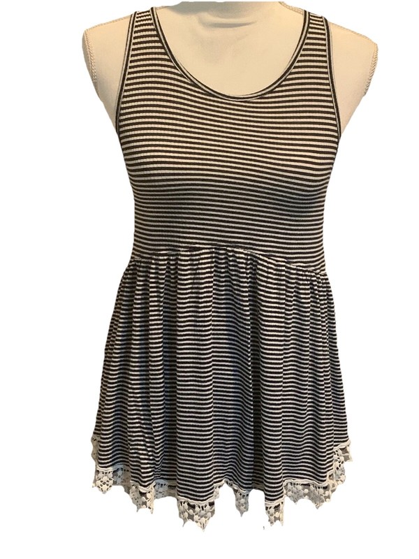 Staccato Black Striped Tank Lace Hem XS Flare Summer Spring NEW NWT