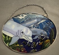 AMIA 3 Dolphin Stain Glass Sun Catcher Window Hang Vintage Ocean Sea Life