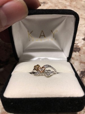10k White Gold Three Heart Diamond Ring 