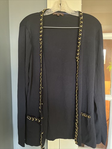 Adrienne Vittadini Womens Long Sleeve Knit Gold Chain Navy Blue Cardigan XL - Picture 2 of 5