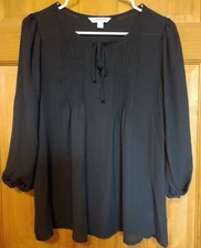 Counterparts Blouse Size Small Women Black Pleated Tie Neck 3/4 Balloon Sleeves