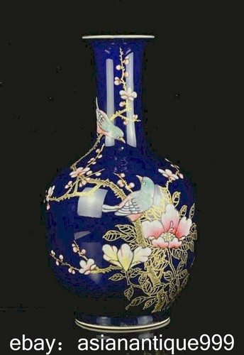 Vente en gros Paire de vase bouteille 9,2" QingQianlong glaçure bleue plaqué or porcelaine fleur oiseau