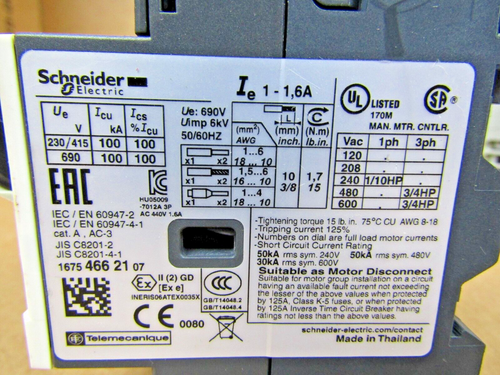 🔥SCHNEIDER TELEMECANIQUE 1-1.6A MOTOR CIRCUIT BREAKER DISCONNECT 600VAC GV2ME06 - Imagen 8 de 8
