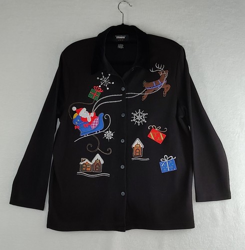 Designers Originals Studio Joy Christmas Cardigan Large Black Santa Reindeer L