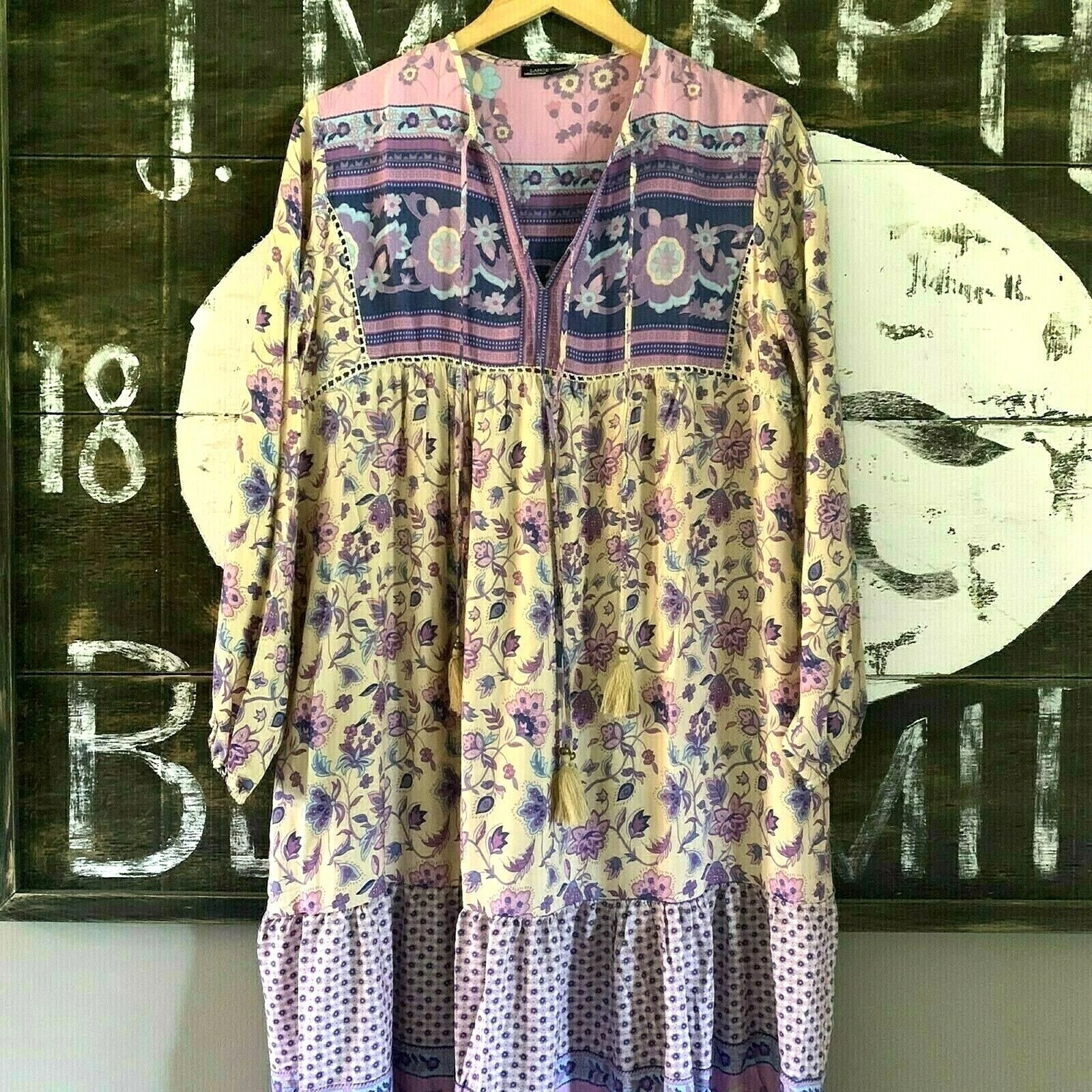 UNDERCOVER Abito L nuovo boho zingaro floreale maxi homespun vintage anni 70 Ins donna taglia GRANDE