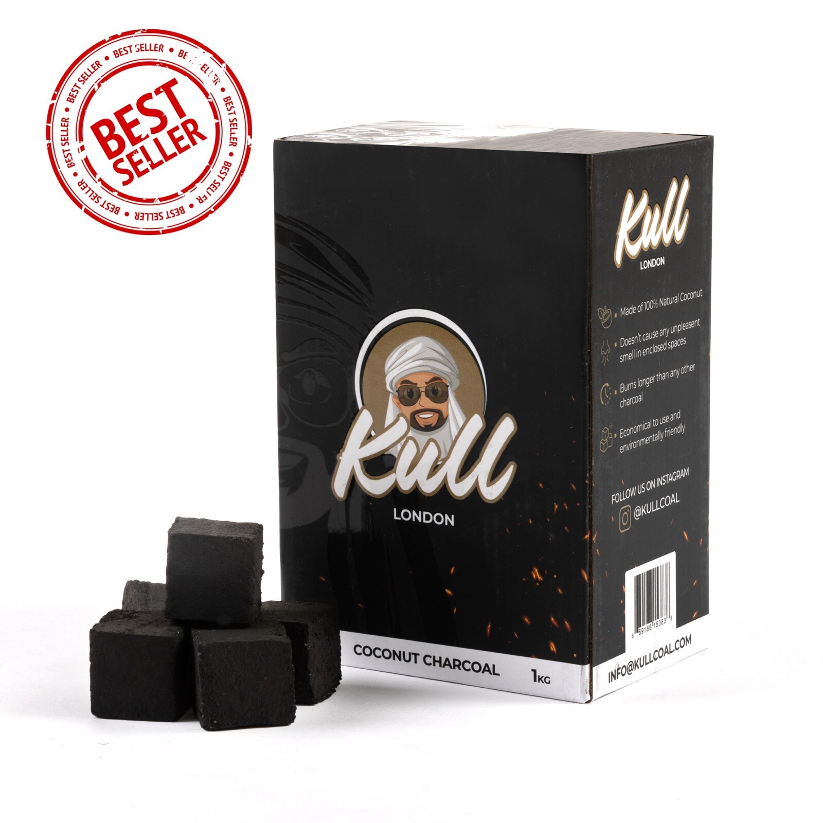 Kull Shisha Coal - 1kg - 25mm Cubes Coconut Charcoal - 72 Pieces Charcoal Hookah