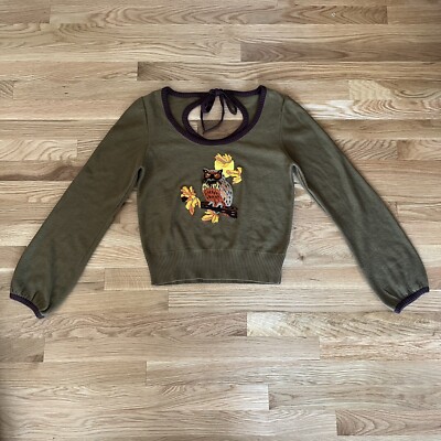 Anthropologie Knitted Dove Owl Sweater Key Hole Tie Back Size Medium