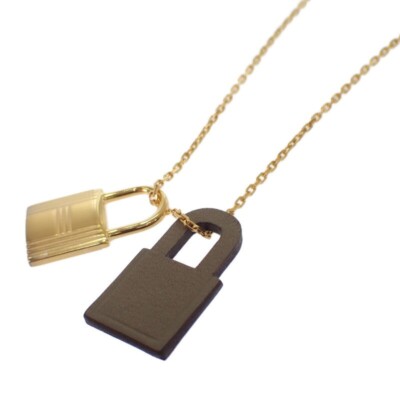 HERMES O'Kelly PM Necklace Vaux Swift Metal Gold Brown Unisex ISY