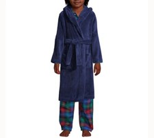 Lands End Kids Boys Girls Unisex Size 12 Fleece Hooded Fleece Bath Robe Blue