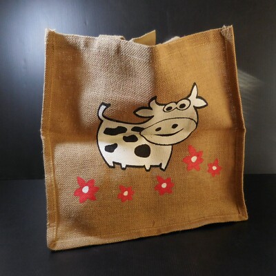 Tragetasche Leinen Jute Kuh Pomme Blume Vintage Art Deko Frau Herren N6360