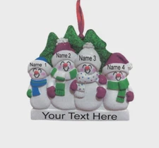 Snowman Family of 4 Personalized Christmas Tree Ornament Holiday Gift