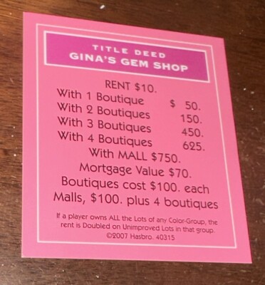 Vtg Monopoly Barbie Boutique Ed. 2007 Replacement Pc Gina s Gem Shop Card