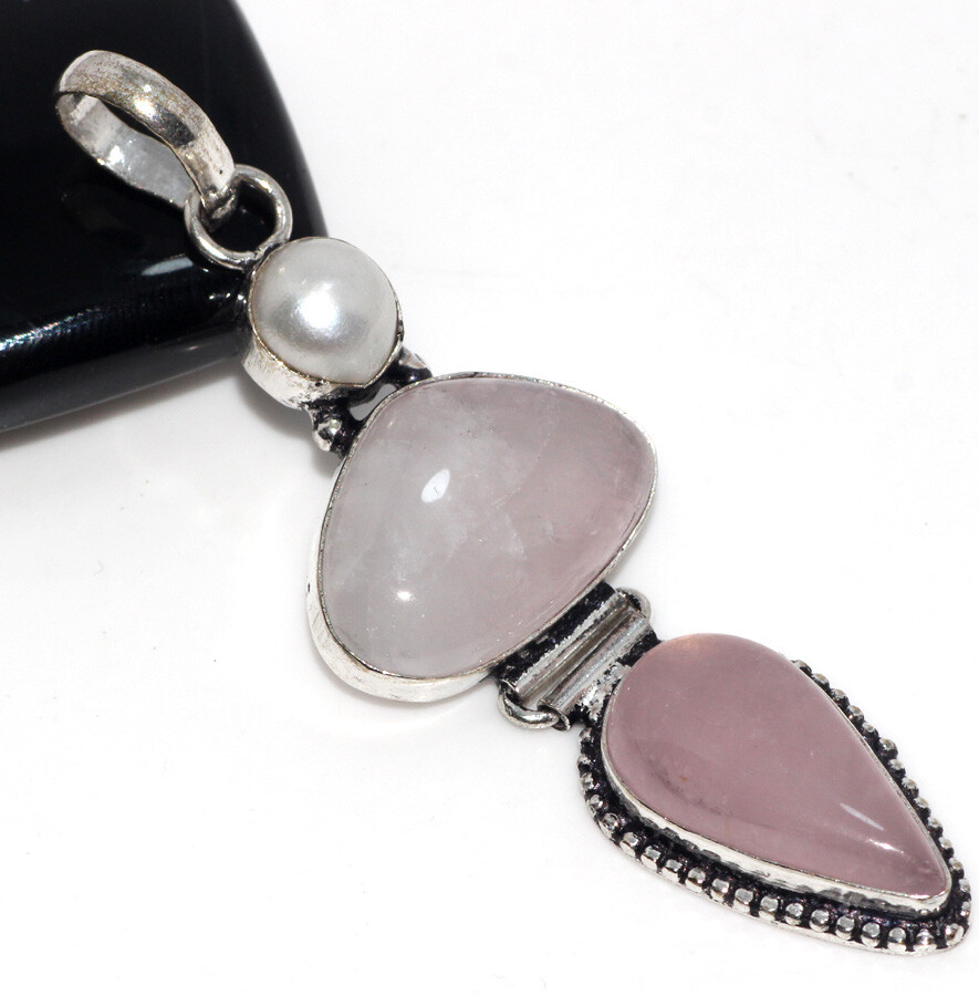Rose Quartz Pearl 925 Silver Plated Gemstone Pendant 2.8
