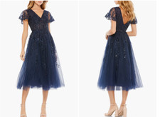 MAC DUGGAL 20304 EMBELLISHED FLUTTER SLEEVE TEA LENGTH  MIDNIGHT NAVY  DRESS 14