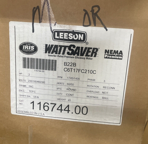 Leeson 116744.00 Electric Motor 2 HP 1745 Rpm 3PH 230/460 Volt 56C Frame - Picture 2 of 2