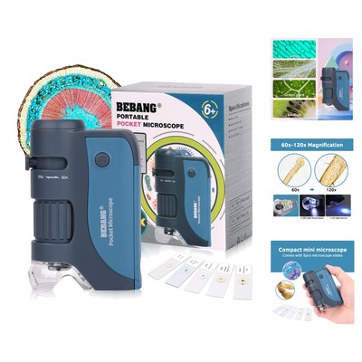 Handheld Mini Microscope for Kids and Adults - 5 Slides Included, Blue-120x
