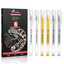 6 Color Gel Pen Set White,Gold and Silver Gel Ink Pens for Artists,White Gel Pen