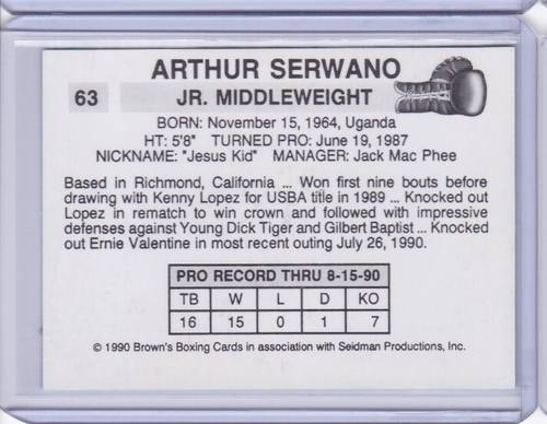 1990 Brown's Boxing Card #63 Arthur Serwano ID3 - Bild 2 von 2