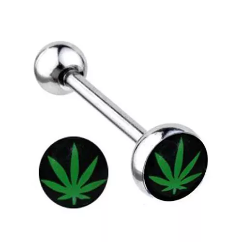 PAIR GREEN POT LEAF MARIJUANA LOGO STEEL TONGUE BARBELLS RINGS