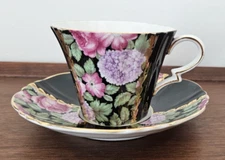 Royal Standard Tea Cup, Saucer 1799 Black Pink Rose Hydrangea Bone China England
