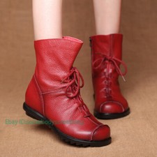 Women's Vintage Real Leather Low Heels Round Collar Lace Up Ankle Boots Shoes