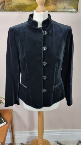 Vintage Ralph Creation ladies Velvet Black Leather Blazer jacket Size 42 UK 14 - Foto 1 di 10