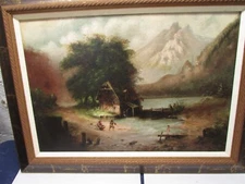 19th century oil on canvas painting of old mill scene-Cara Beck