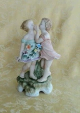Vintage Andrea by Sadek Japan Porcelain Boy & Girl Flowers Figurine #6168 9" H 