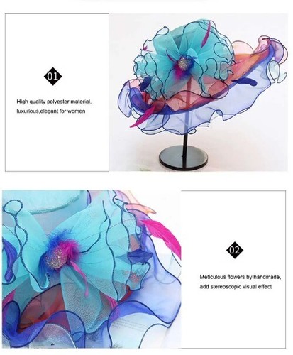 Organza Kentucky Derby Fascinators Hat Wide Brim Flowers Church Party Sun Hats - Bild 17 von 33