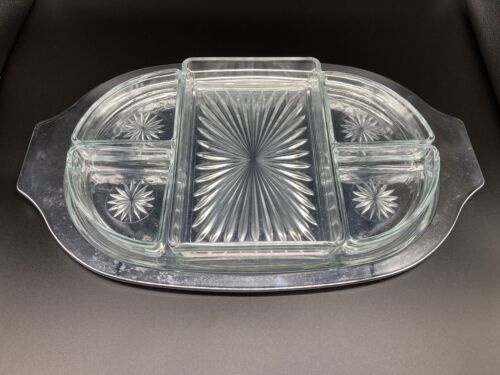 Vintage Mid-Century Oval Glass and Chrome Relish Serving Tray Divided 6-pcs - Afbeelding 1 van 7