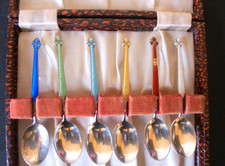 Beautiful Solid Silver Enamelled Spoons. Complete Set, box of 6. Made in Norway