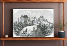 Vintage Castle Illustration Counted Cross-Stitch Pattern Needlepoint Chart