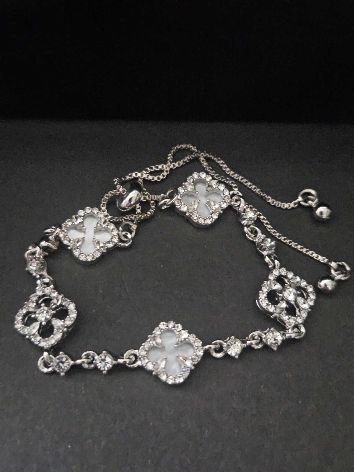 Adjustable Silver-tone Four Leaf Clover Slider Bracelet Featuring Pavé Crystals